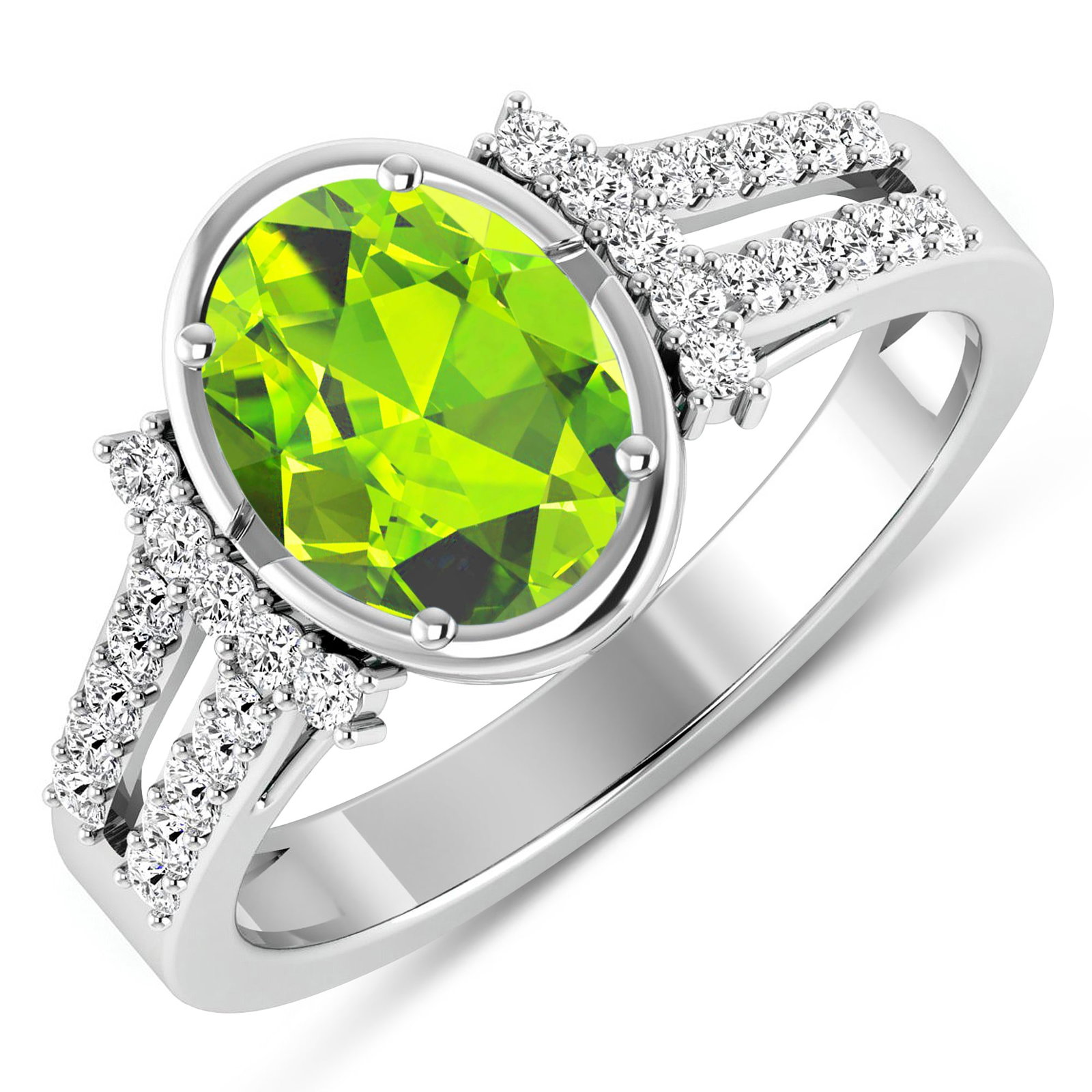 14KT White Gold 1.6ctw Peridot and Diamond Ring: Peridot Oval 9x7mm - 1Pc + White Diamond F/C Round 1.30mm - 30Pcs ( SI-2/HI ) Total weight of gemstone is 1.6cts. Total Diamond weight is 0.3cts. Total weight of this ring is 3.23 grams. Ring size 7.