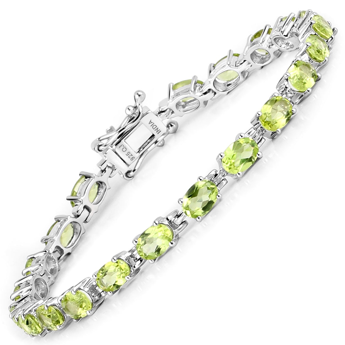 Plated Rhodium 8.61ctw Peridot Bracelet: This rhodium?plated .925 sterling silver tennis bracelet features twenty?one natural 6?4?mm oval peridots totaling 8.61 carats, each prong?set to showcase their bright August?birthstone green. Designe