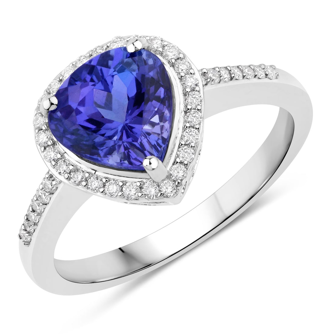 14KT White Gold 2.33ctw Tanzanite and Diamond Ring: Crafted in fine 14K white gold, this elegant halo ring showcases a vivid violet heart shaped natural tanzanite weighing 2.16 carats, beautifully prong set at the center and enhanced by a halo of 38 na