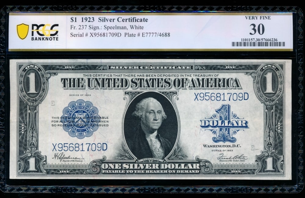 1923 $1 Silver Certificate PCGS 30: One 1923 $1 Silver Certificate PCGS 30.