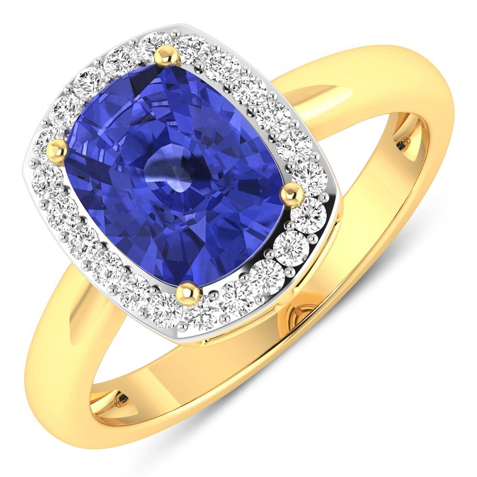 14KT Yellow Gold 2.02ctw Tanzanite and Diamond Ring: Tanzanite (AA+) Cushion 9x7mm - 1Pc + White Diamond F/C Round 1.30mm - 22Pcs ( White Pan Rhodium ) ( SI2/HI color ) Total weight of gemstone is 2.02cts. Total Diamond weight is 0.22cts. Total weight o