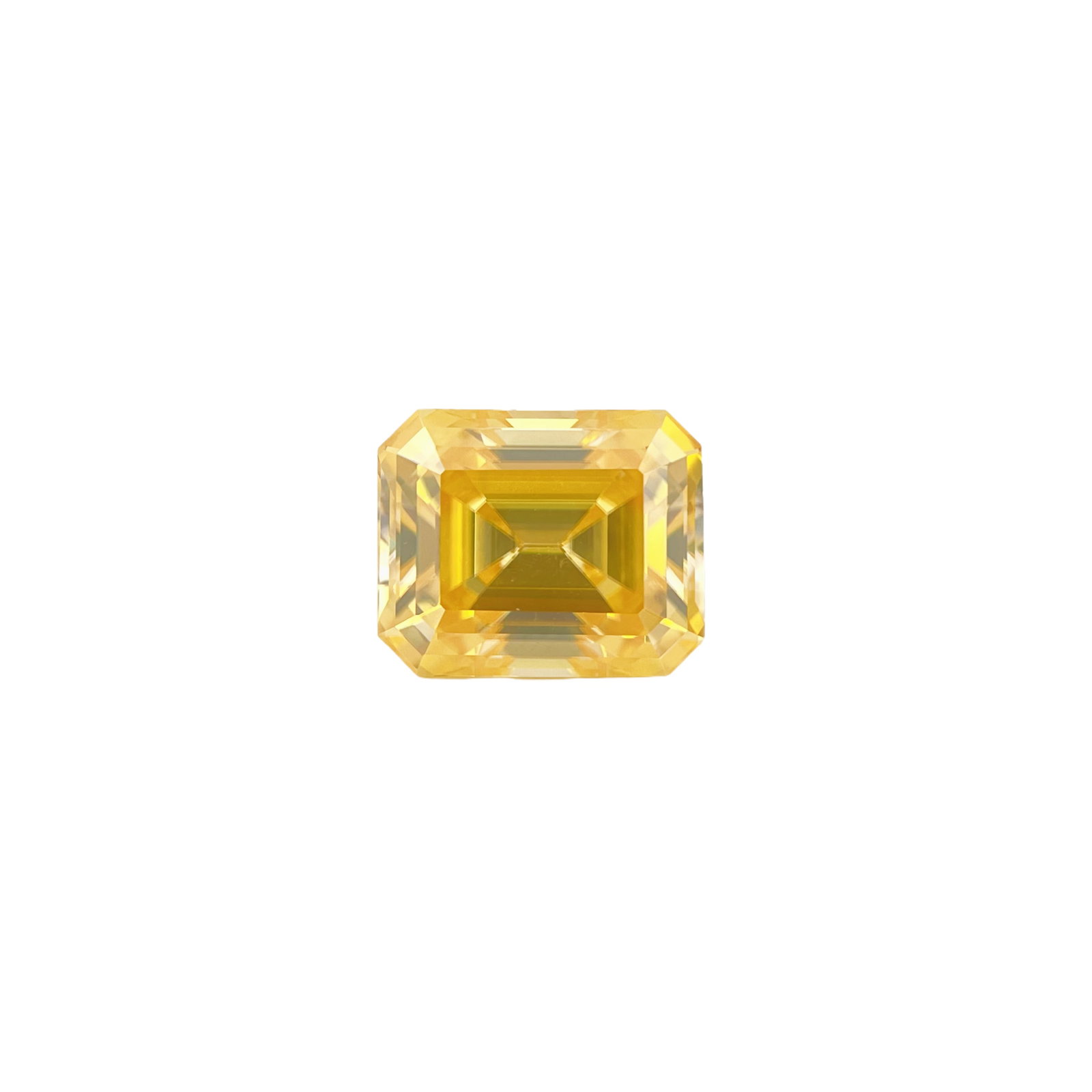 Amazing 5 Ct VVs1 Emerald Cut Bright Gold Moissanite Solitaire: This Large 5 Ct VVs1 Moissanite is an Emerald Cut Measures 9 x11mm. It is eye clean and bursting out with a full spectrum of colors. With a refractive index of 2.65-2.69, this Fire Moissanite exhibits