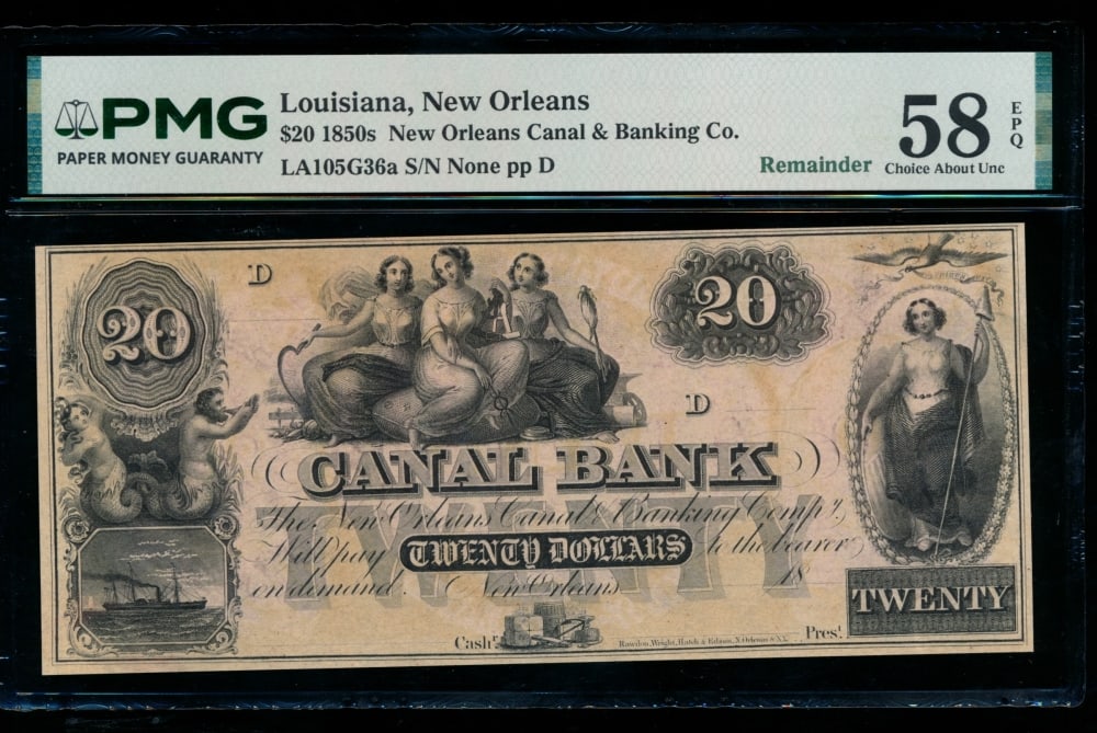 1850s $20 New Orleans LA Obsolete PMG 58EPQ (1 of 2)