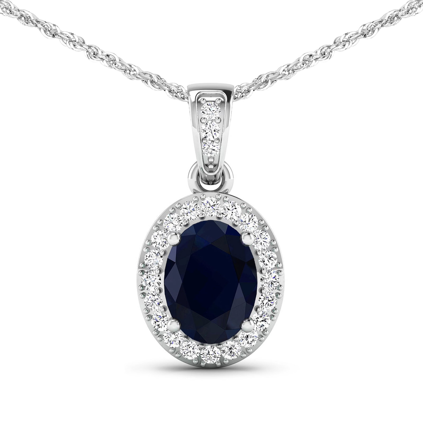 14KT White Gold 1.30ct Blue Sapphire and Diamond Pendant with Chain: 1 Blue Sapphire stone with a total weight of 1.30cts. Blue Sapphire (AA) Oval 8x6mm - 1Pc + White Diamond F/C Round 1.20mm - 22Pcs + White Diamond F/C Round 1.10mm - 1Pc ( I1-I2/I color ). Diamonds wi