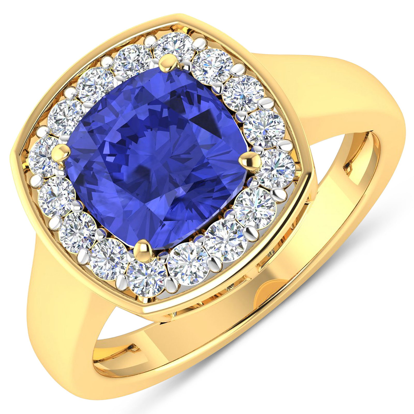 14KT Yellow Gold 1.99ct Tanzanite and Diamond Ring: Tanzanite (AA+) Cushion 8.00mm - 1Pc + White Diamond F/C Round 2.00mm - 16Pcs ( White Pan Rhodium ) ( Diamond Quality : SI-2/HI ). Total weight of gemstone is 1.99cts. Total weight of Diamonds is 0.48
