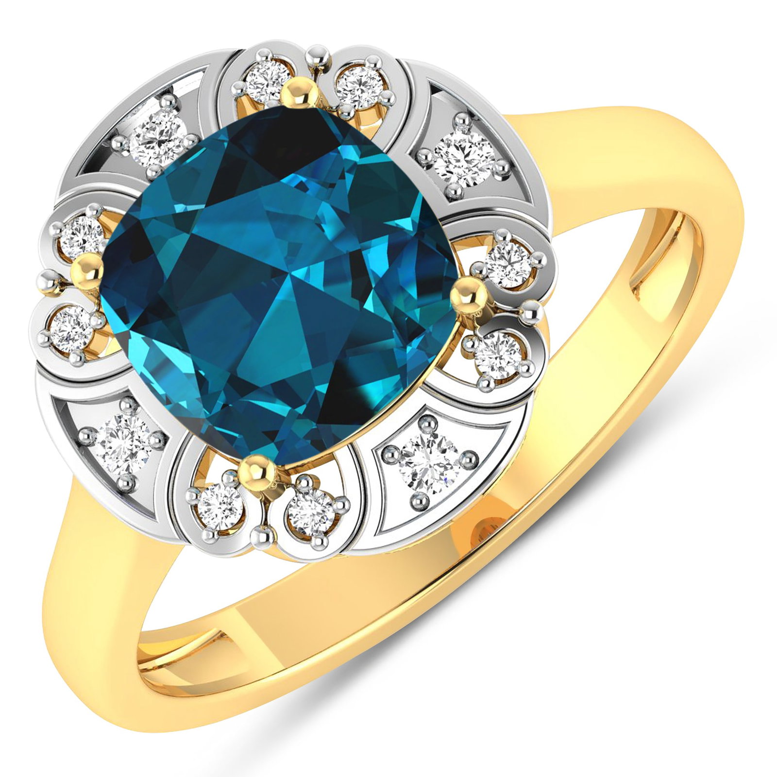 14KT Yellow Gold 2.15ctw London Blue Topaz and Diamond Ring: London Blue Topaz Cushion 8.00mm - 1Pc + White Diamond F/C Round 1.50mm - 4Pcs + White Diamond F/C Round 1.00mm - 8Pcs ( White Pan Rhodium ) ( SI-2/HI ) Total weight of gemstone is 2.15cts. Total Diam