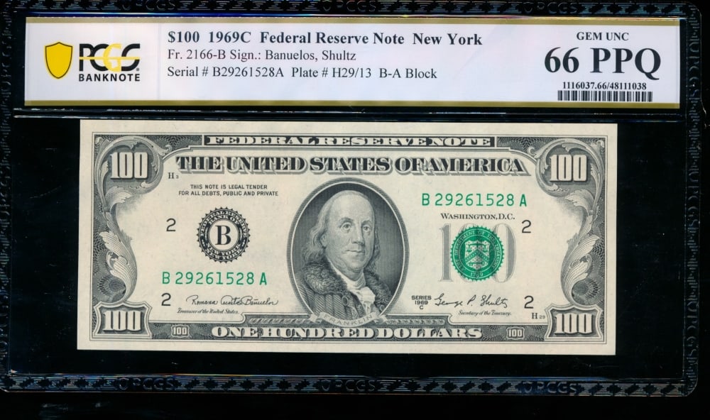 1969C $100 New York FRN PCGS 66PPQ: One 1969C $100 New York FRN PCGS 66PPQ.