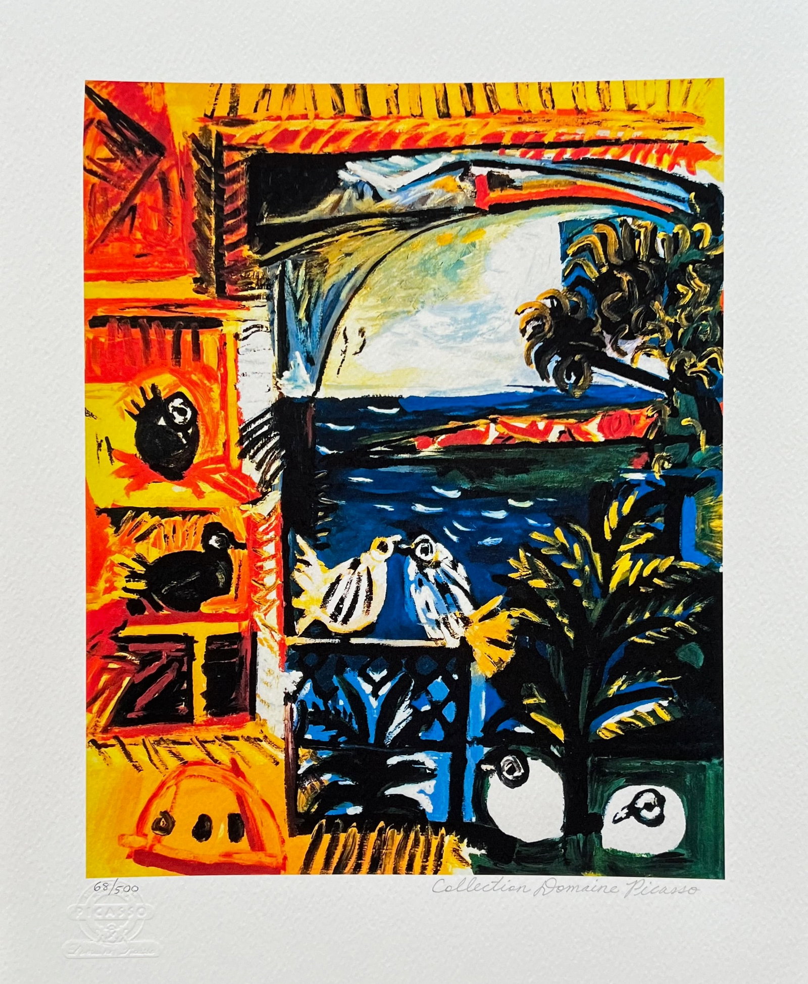 Pablo Picasso THE PIGEONS Estate Signed Limited Edition Giclee: This is a PABLO PICASSO (ESTATE COLLECTION DOMAINE) (1881-1973) small giclee titled The Pigeons. This piece is pencil signed on the lower right as Collection Domaine Picasso and has an embossed seal s
