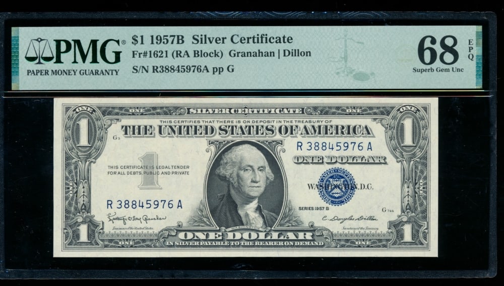 1957B $1 Silver Certificate PMG 68EPQ: One 1957B $1 Silver Certificate PMG 68EPQ.