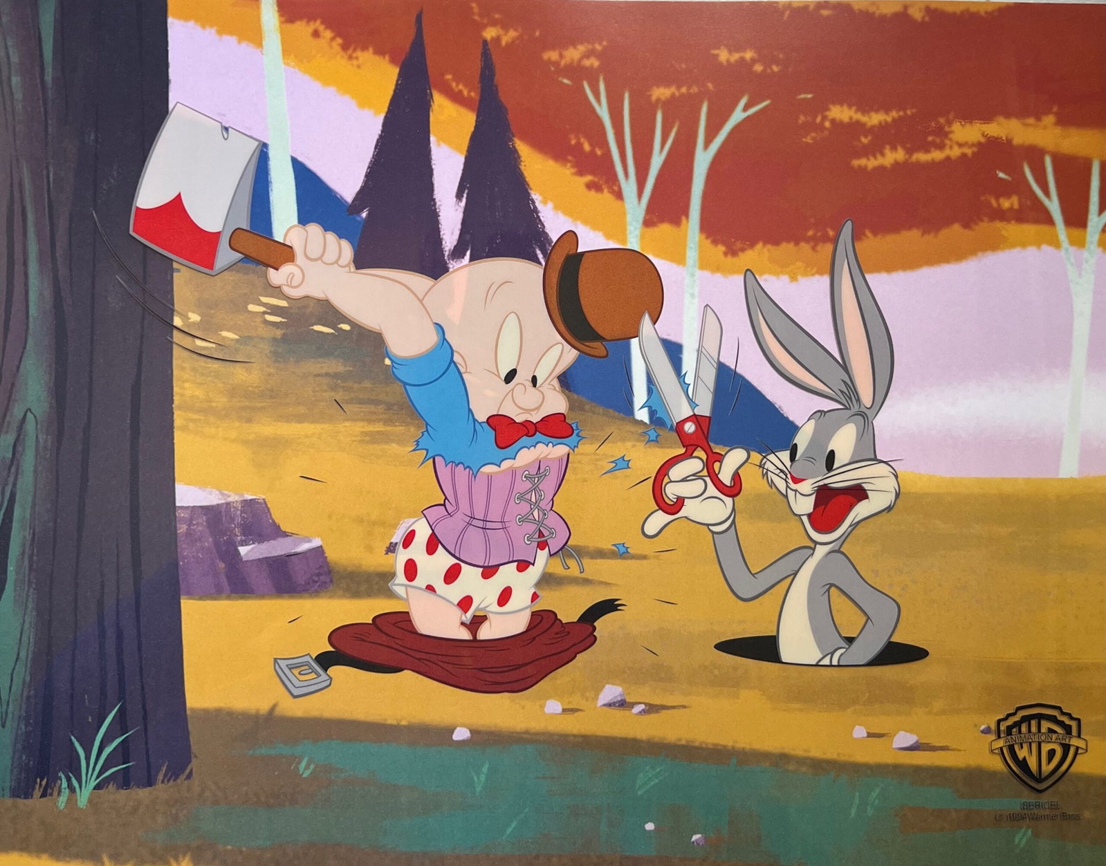 Warner Bros BUGS BUNNY & ELMER FUDD Sericel Animation Art Cel Wacky Wabbit: This is a Limited Edition Sericel of Warner Bros Looney Tunes Bugs Bunny titled Wacky Wabbit. This fantastic animation features Bugs Bunny and Elmer Fudd as they appeared in the classic original anima