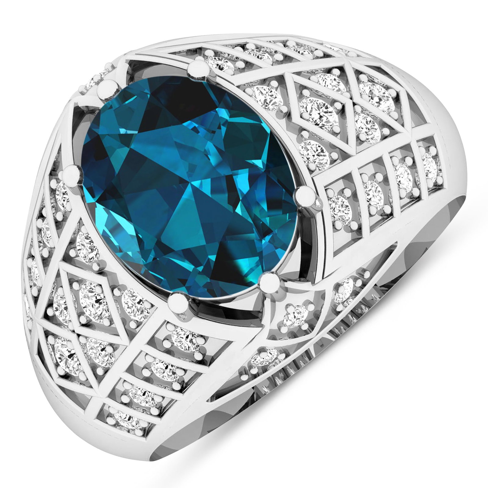 14KT White Gold 2.7ctw London Blue Topaz and Diamond Ring: London Blue Topaz Oval 10x8mm - 1Pc + White Diamond F/C Round 1.80mm - 4Pcs + White Diamond F/C Round 1.50mm - 8Pcs + White Diamond F/C Round 1.30mm - 16Pcs + White Diamond F/C Round 1.20mm - 6Pcs ( S