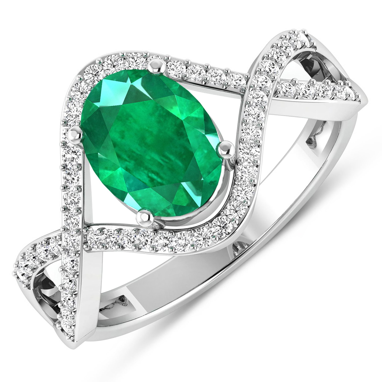 14KT White Gold 1ctw Zambian Emerald and Diamond Ring: Zambian Emerald (AA) Oval 8x6mm - 1Pc + White Diamond F/C Round 1.00mm - 52Pcs ( I1-I2/I color ) Total weight of gemstone is 1cts. Total Diamond weight is 0.24cts. Total weight of this ring is 2.68 gr