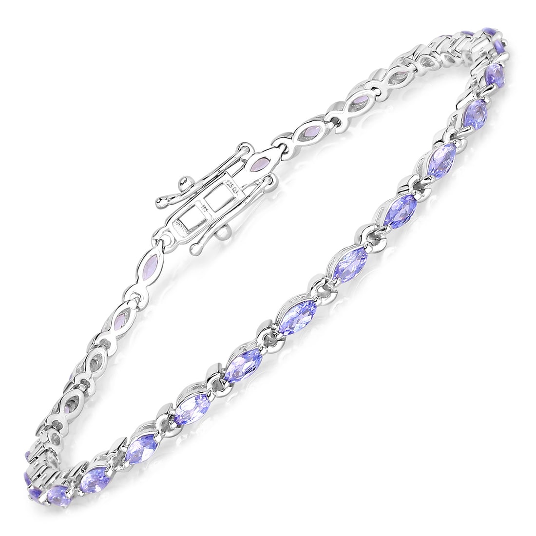 Plated Rhodium 3.78ctw Tanzanite Bracelet: This rhodium?plated .925 sterling silver tanzanite link bracelet delivers elegant color and sparkle with a gross weight of 7.61 grams and a total natural gemstone weight of 3.78 carats. The design fea