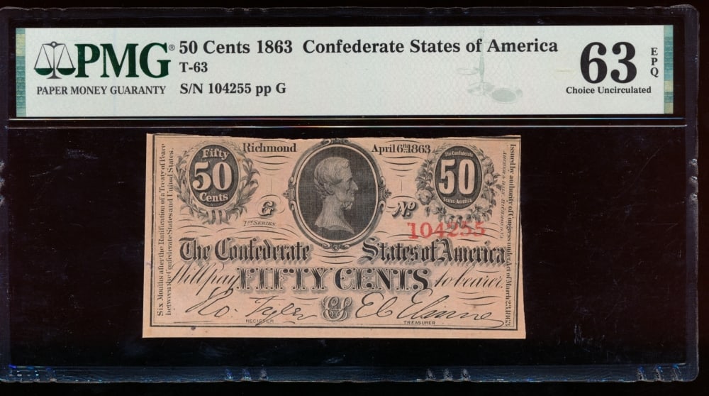 50 Cent 1863 T-63 Confederate PMG 63EPQ: One 50 Cent 1863 T-63 Confederate PMG 63EPQ.