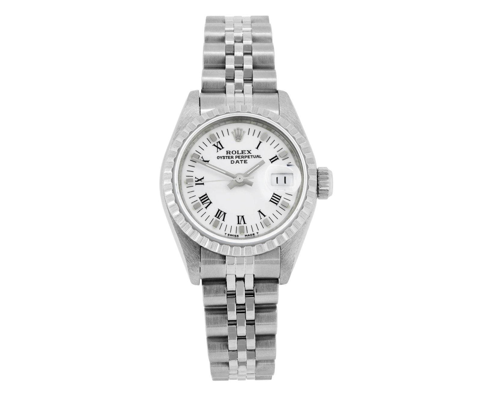 Rolex Ladies Stainless Steel White Roman Quickset Date Watch: This Lady Rolex Quickset Date watch features a white dial with index hour markers and a custom sapphire crystal, with a magnified date window. The timepiece has Rolex stainless steel engine turn bezel