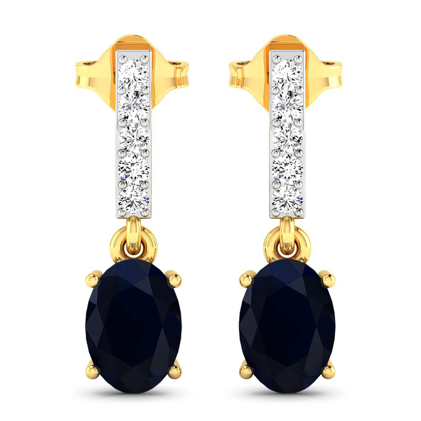 14KT Yellow Gold 1.5ctw Blue Sapphire and Diamond Earrings: Blue Sapphire (AA) Oval 7x5mm - 2Pcs + White Diamond F/C Round 1.50mm - 10Pcs ( Push-Post ) ( White Pan Rhodium ) ( I1-I2/I color ) Total weight of gemstones is 1.5cts. Total Diamond weight is 0.14cts