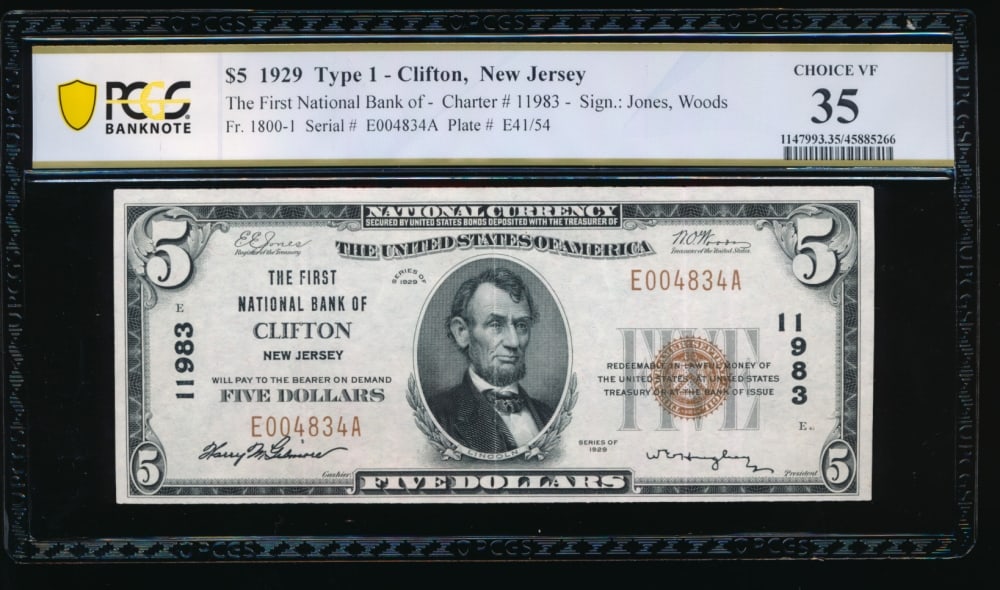 1929 $5 Clifton NJ National PCGS 35 (1 of 2)