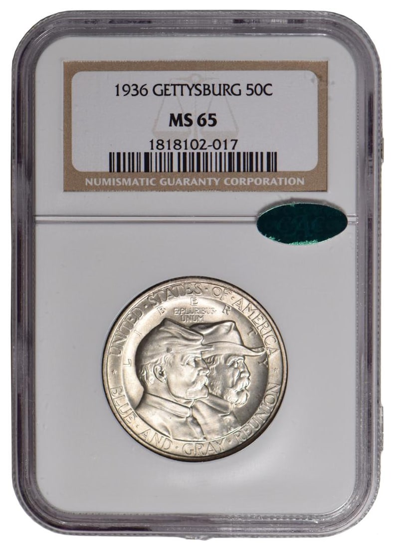 1936 Gettysburg Commemorative Half Dollar NGC MS65 CAC: One 1936 Gettysburg Commemorative Half Dollar NGC MS65 CAC.