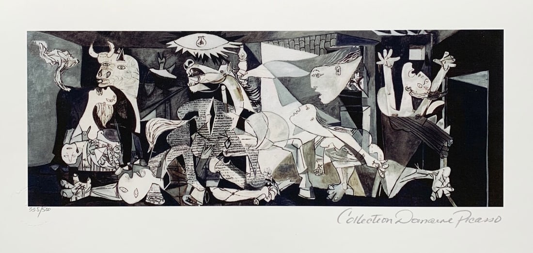Pablo Picasso GUERNICA Estate Signed Limited Edition Giclee: This is a PABLO PICASSO (ESTATE COLLECTION DOMAINE) (1881-1973) small giclee titled GUERNICA. This piece is pencil signed on the lower right as Collection Domaine Picasso and has an embossed seal stam