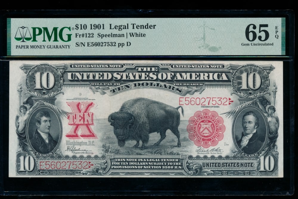 1901 $10 Bison Legal Tender Note PMG 65EPQ: One 1901 $10 Bison Legal Tender Note PMG 65EPQ.