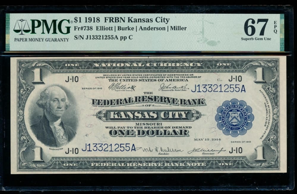 1918 $1 Kansas City FRBN PMG 67EPQ: One 1918 $1 Kansas City FRBN PMG 67EPQ.