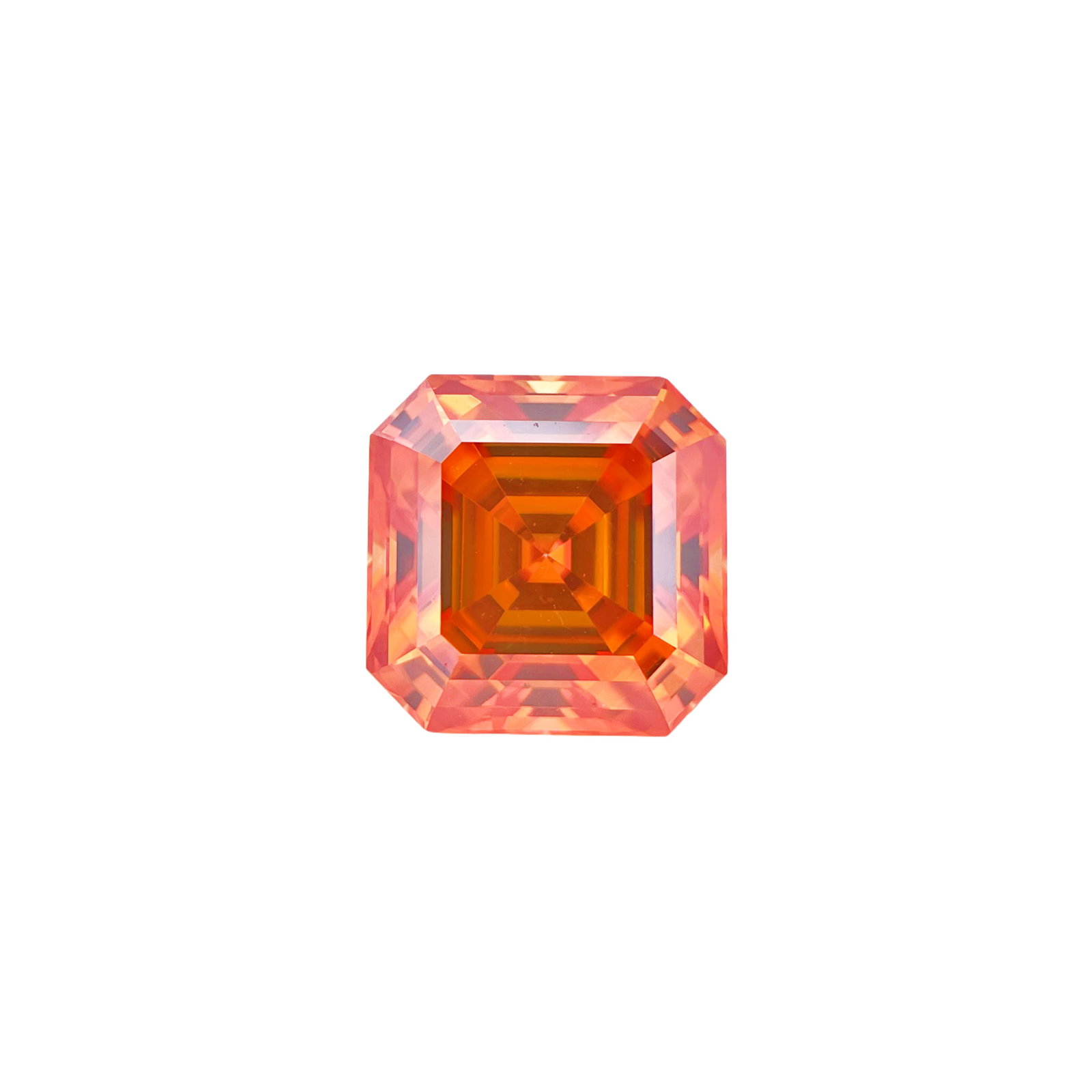 Large 5 Ct VVS1 Deep Orange Asscher Cut Fire Moissanite: Amazing 5 Ct Deep Orange VVs1 Asscher Cut Fire Moissanite. This beautiful moissanite measures 10 x 10.mm. It is eye-clean and bursting out with a full spectrum of colors. It has vivid deep orange