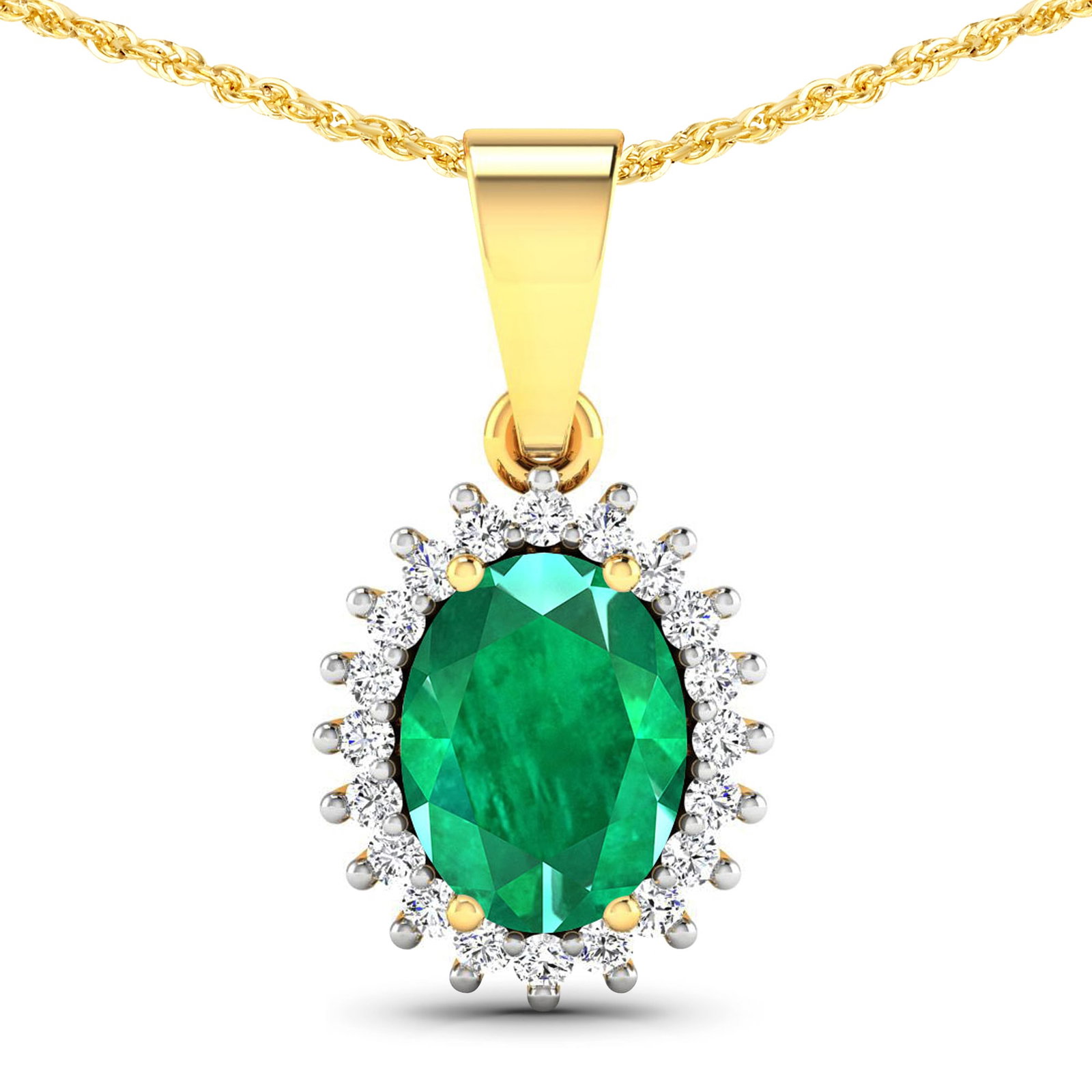 14KT Yellow Gold 1.1ctw Zambian Emerald and Diamond Pendant: Zambian Emerald (AA) Oval 8x6mm - 1Pc + White Diamond F/C Round 1.10mm - 20Pcs (I1-I2/I color) Total weight of gemstone is 1.1cts. Total Diamond weight is 0.13cts. Total weight of this pendant is 1.71