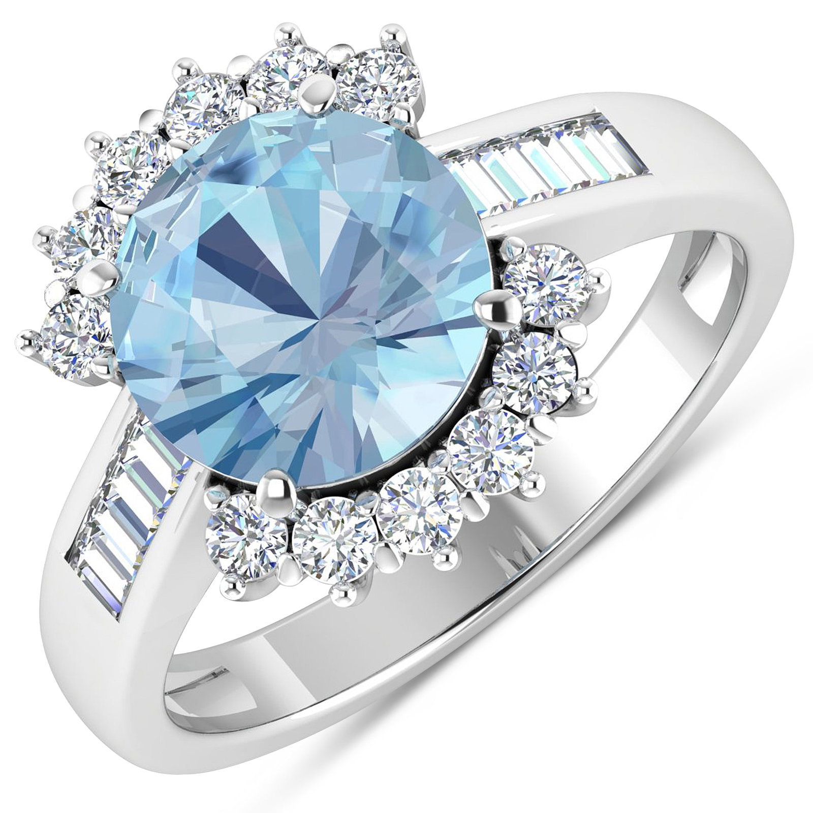 14KT White Gold 2.75ct Aquamarine and Diamond Ring: Aquamarine (AA+) Round 9.00mm - 1Pc + White Diamond Baguette 2.00x1.50mm - 8Pcs + White Diamond F/C Round 2.00mm - 12Pcs ( Diamond Quality : SI-2/HI ). Total weight of gemstone is 2.75cts. Total weigh
