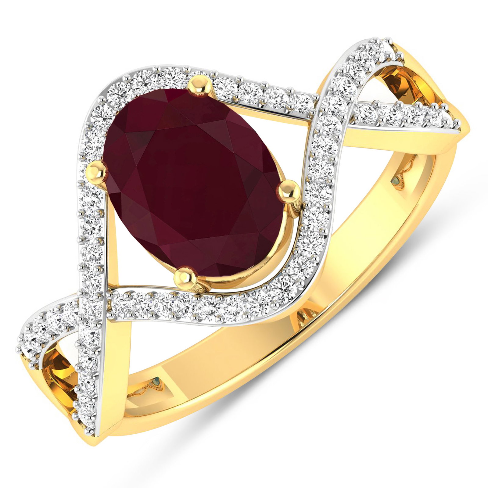 14KT Yellow Gold 1.5ctw Ruby and Diamond Ring: Ruby (AA) Oval 8x6mm - 1Pc + White Diamond F/C Round 1.00mm - 52Pcs ( White Pan Rhodium ) ( I1-I2/I color ) Total weight of gemstone is 1.5cts. Total Diamond weight is 0.24cts. Total weight of this ri