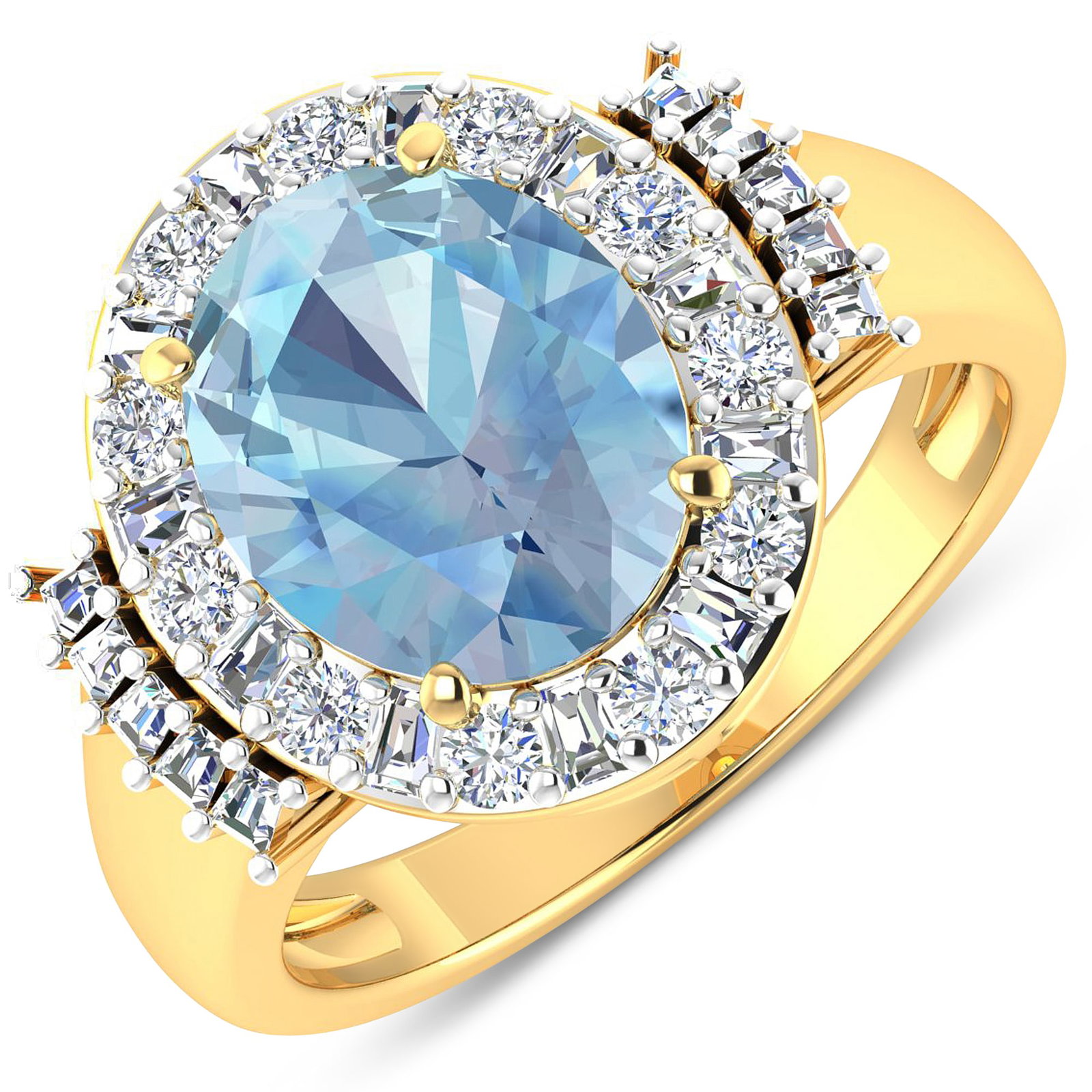 14KT Yellow Gold 2.9ct Aquamarine and Diamond Ring: Aquamarine (AA+) Oval 11x9mm - 1Pc + White Diamond Tapper Baguette 2.00x1.50x1.10mm - 11Pcs + White Diamond Tapper Baguette 1.50x1.40x1.00mm - 10Pcs + White Diamond F/C Round 2.00mm - 11Pcs ( White Pa