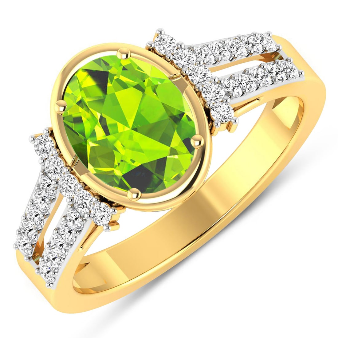 14KT Yellow Gold 1.6ctw Peridot and Diamond Ring: Peridot Oval 9x7mm - 1Pc + White Diamond F/C Round 1.30mm - 30Pcs ( White Pan Rhodium ) ( SI-2/HI ) Total weight of gemstone is 1.6cts. Total Diamond weight is 0.3cts. Total weight of this ring is 3.3