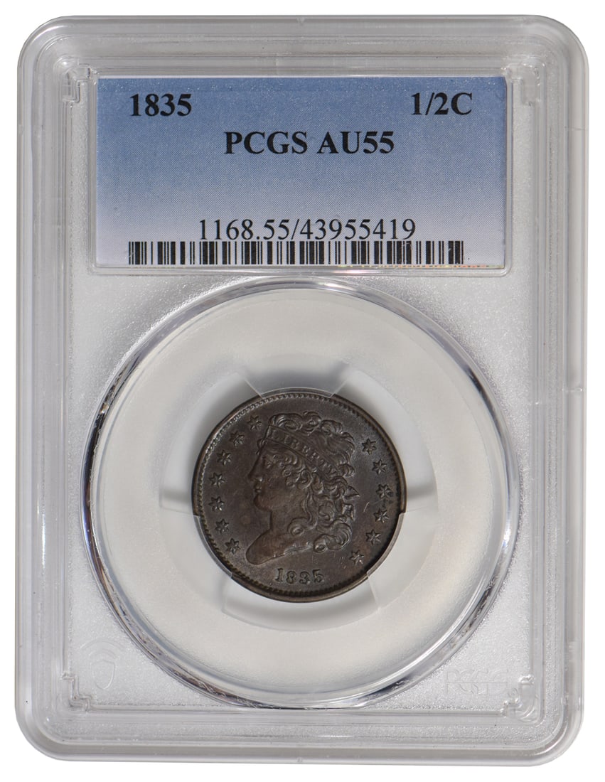 1835 Capped Bust Half Cent PCGS AU55: One 1835 Capped Bust Half Cent PCGS AU55.