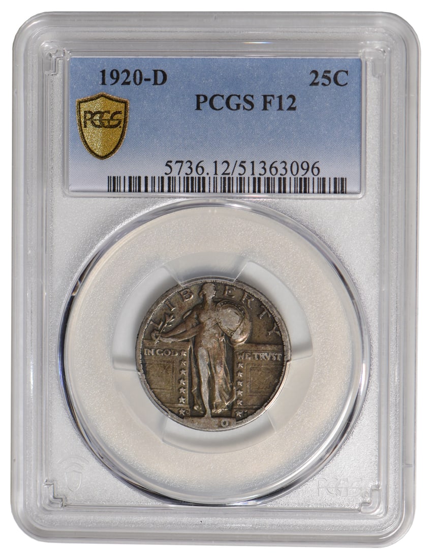 1920-D Standing Liberty Quarter PCGS F12: One 1920 D Standing Liberty Quarter PCGS F12.