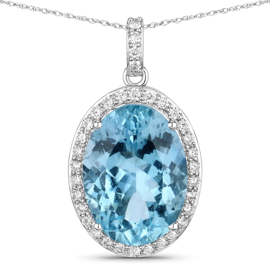 14KT White Gold 9.11ct Aquamarine and Diamond Pendant with Chain: This refined halo pendant is crafted in 14K white gold and features a captivating 9.11 ctw natural oval aquamarine measuring 16.70 ? 12.00 mm, its cool aqua tone enhanced only by standard heat treatme