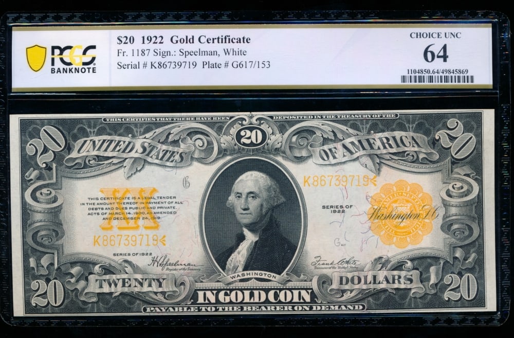 1922 $20 Gold Certificate PCGS 64: One 1922 $20 Gold Certificate PCGS 64.
