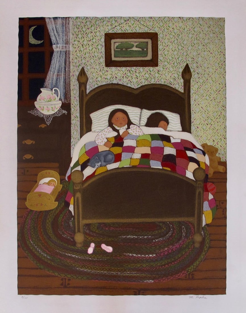 M. KAPLAN Native American Children Hand Signed Limited Edition Lithograph: This is a lithograph by Native American artist M. Kaplan titled Bedtime. Published in 1979. This subject was hand signed by the artist and pencil numbered from an edition of 275. Image measures 24 inc