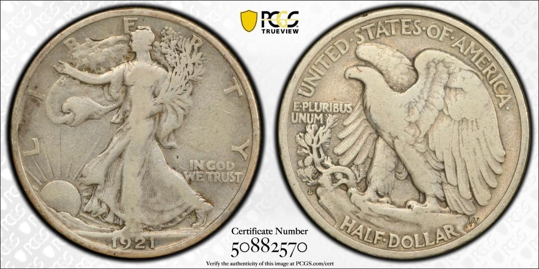 1921-S Walking Liberty Half Dollar PCGS F15: One 1921-S Walking Liberty Half Dollar PCGS F15.