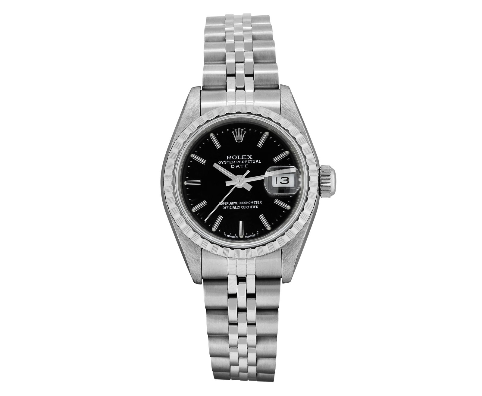Rolex Ladies Stainless Steel Black Index Quickset Date Watch: This Lady Rolex Quickset Date watch features a black dial with index hour markers and a custom sapphire crystal, with a magnified date window. The timepiece has Rolex stainless steel engine turn bezel