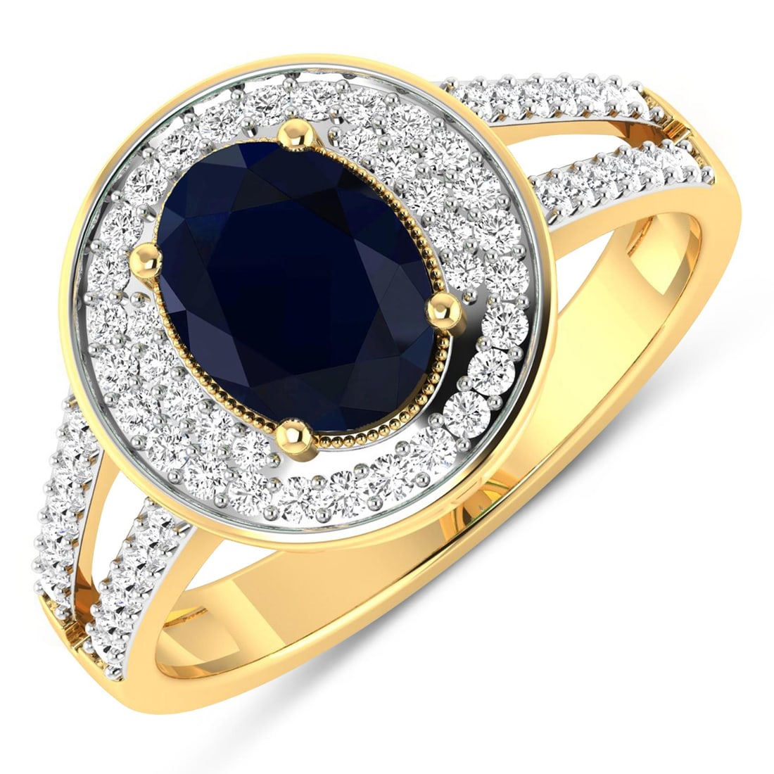 14KT Yellow Gold 1.3ctw Blue Sapphire and Diamond Ring: Blue Sapphire (AA) Oval 8x6mm - 1Pc + White Diamond F/C Round 1.10mm - 24Pcs + White Diamond F/C Round 1.00mm - 40Pcs ( White Pan Rhodium ) ( I1-I2/I color ) Total weight of gemstone is 1.3cts. Total 