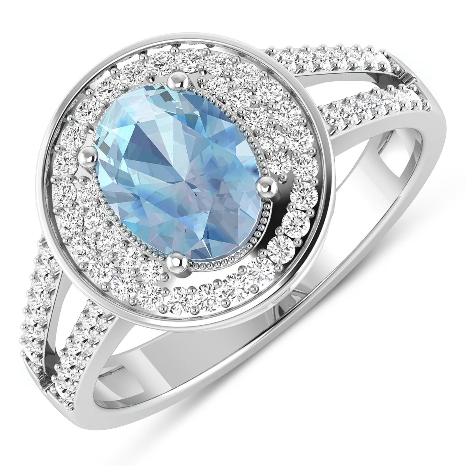 14KT White Gold 0.96ctw Aquamarine and Diamond Ring: Aquamarine (AA+) Oval 8x6mm - 1Pc + White Diamond F/C Round 1.10mm - 24Pcs + White Diamond F/C Round 1.00mm - 40Pcs ( I1-I2/I color ) Total weight of gemstone is 0.96cts. Total Diamond weight is 0.34c