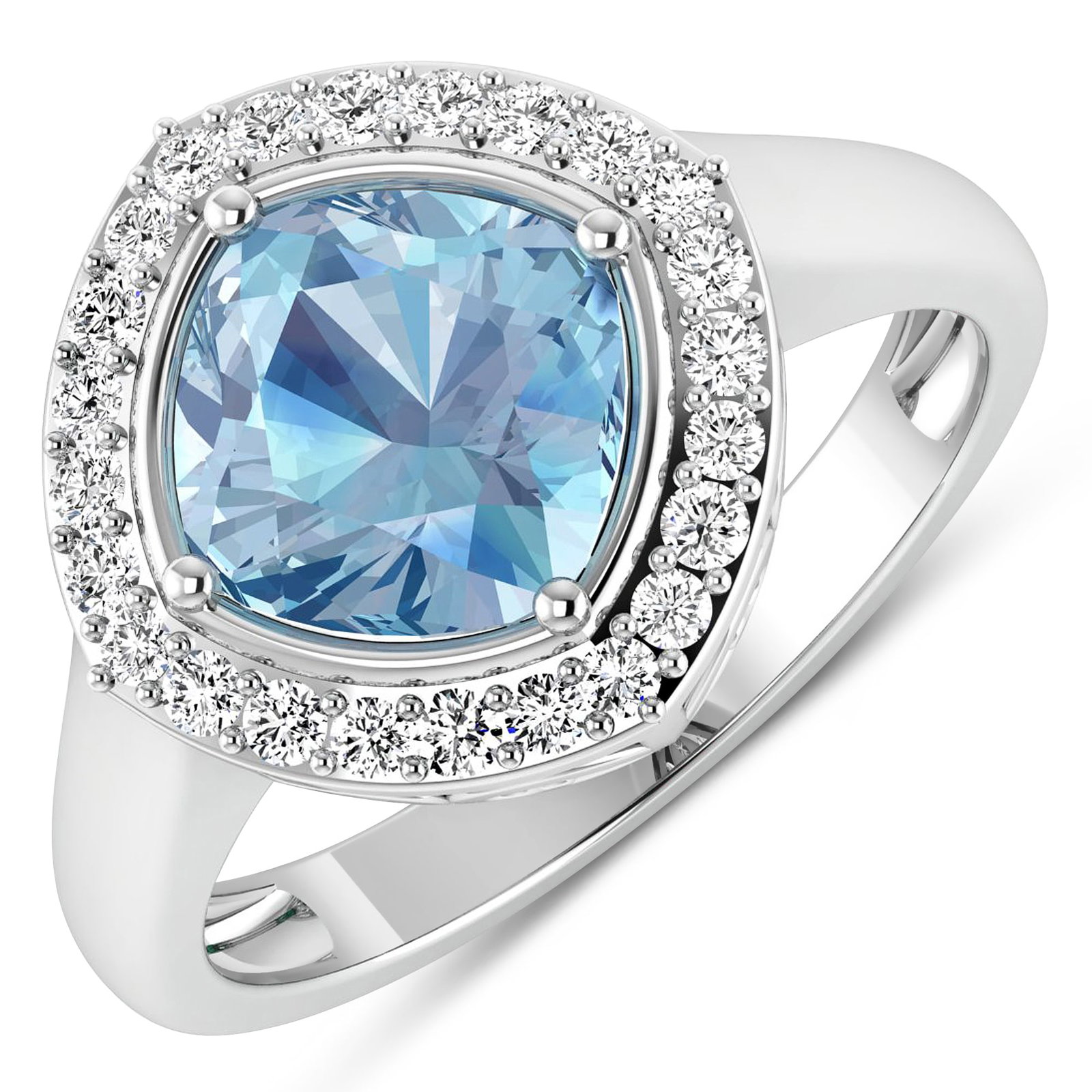 14KT White Gold 1.48ctw Aquamarine and Diamond Ring: Aquamarine (AA+) Cushion 8.00mm - 1Pc + White Diamond F/C Round 1.30mm - 24Pcs ( SI-2/HI ) Total weight of gemstone is 1.48cts. Total Diamond weight is 0.24cts. Total weight of this ring is 3.19 grams