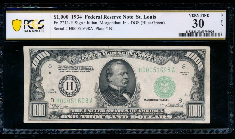 1934 $1000 St Louis FRN PCGS 30: One 1934 $1000 St Louis FRN PCGS 30.