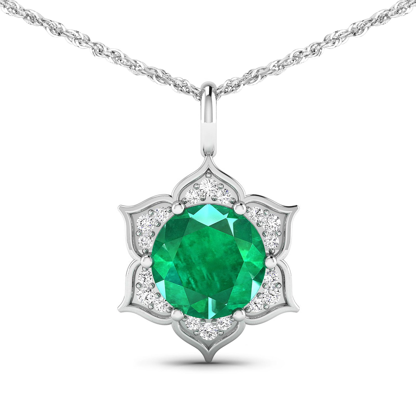 14KT White Gold 1.8ctw Zambian Emerald and Diamond Pendant: Zambian Emerald (AA) Round 8.00mm - 1Pc + White Diamond F/C Round 1.30mm - 6Pcs + White Diamond F/C Round 1.10mm - 12Pcs ( SI2/HI color ) Total weight of gemstone is 1.8cts. Total Diamond weight is