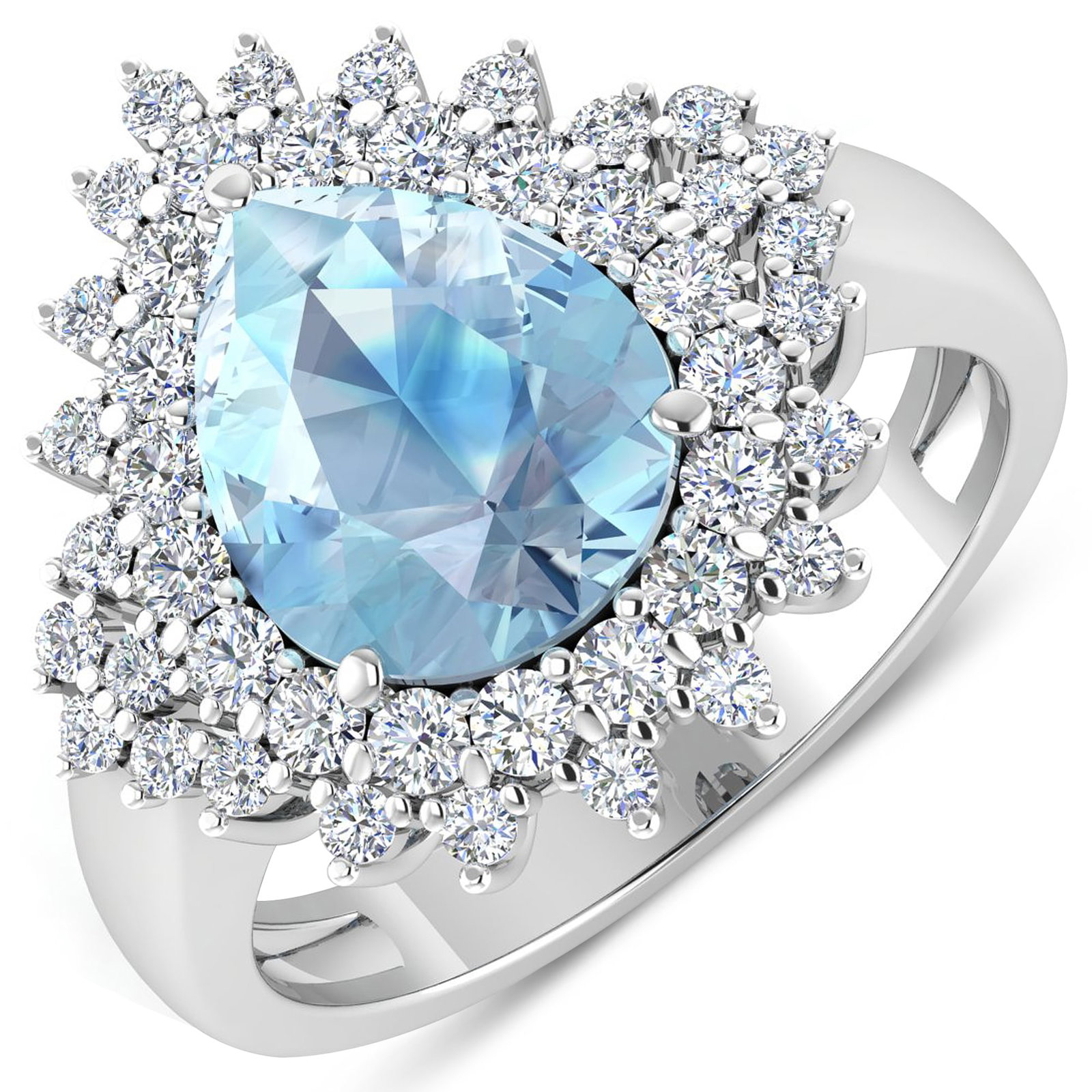 14KT White Gold 2.3ctw Aquamarine and Diamond Ring: Aquamarine (AA+) Pears 11x9mm - 1Pc + White Diamond F/C Round 2.00mm - 18Pcs + White Diamond F/C Round 1.50mm - 25Pcs ( Diamond Quality : SI-2/HI ) Total weight of gemstone is 2.3cts. Total Diamond