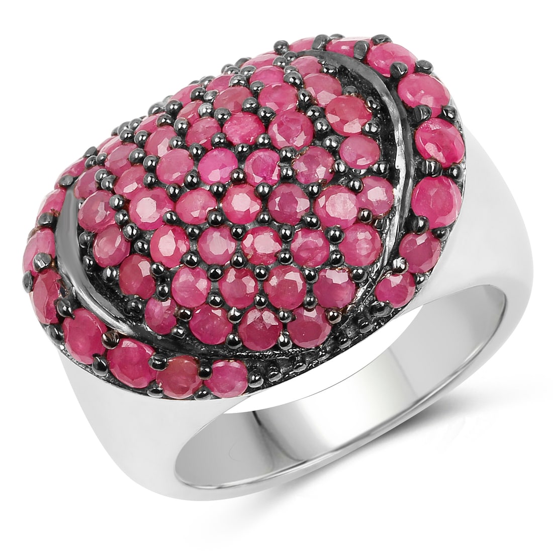 Plated Rhodium 3.35ctw Ruby Ring: This rhodium?plated .925 sterling silver cluster ring showcases a vibrant array of natural round rubies, featuring ten 2.50?mm stones totaling 0.80 carats, fifty?three 1.90?2.00?mm stones adding 2.39 