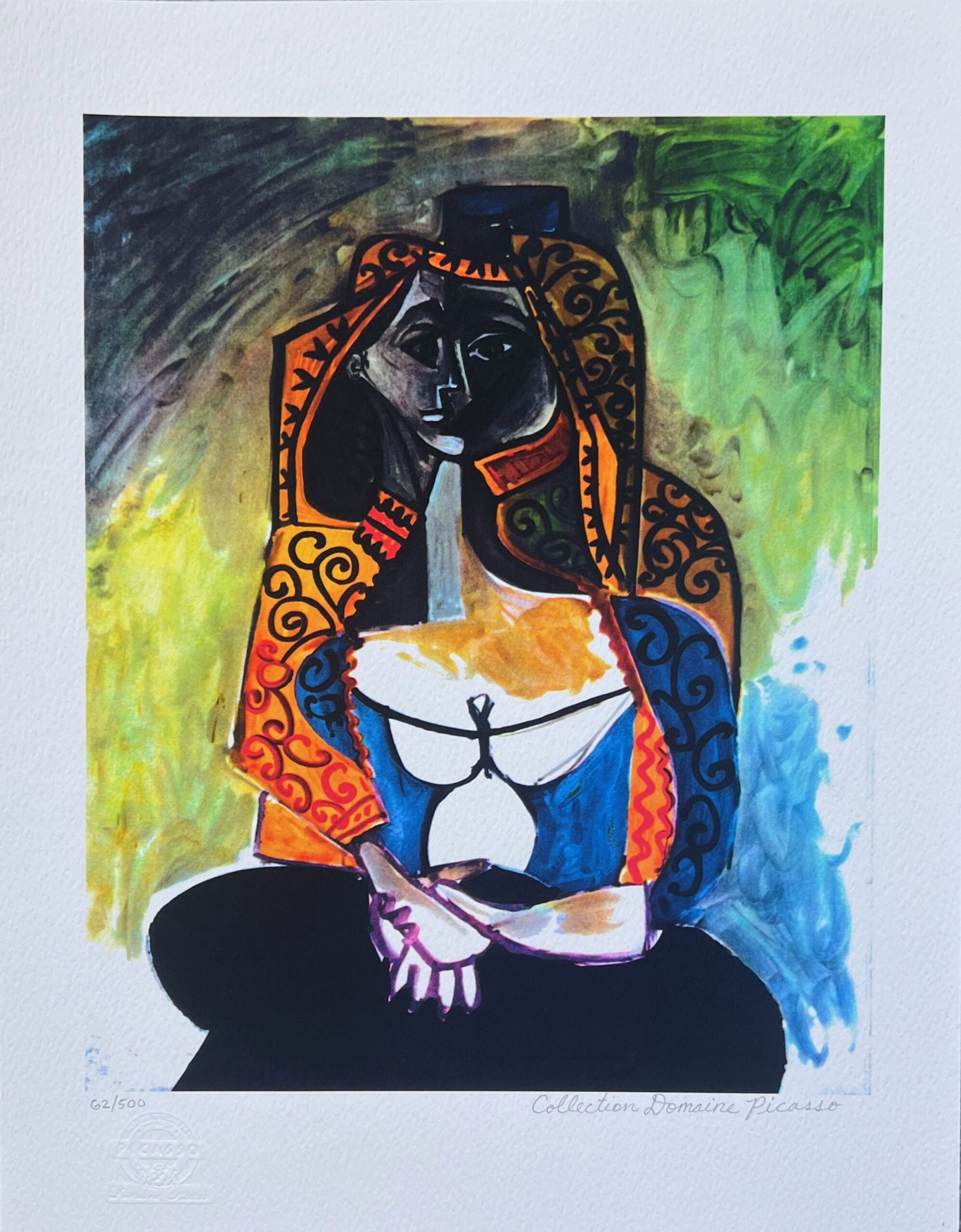 Pablo Picasso TURKISH SHAWL Estate Signed Limited Edition Giclee: This is a PABLO PICASSO (ESTATE COLLECTION DOMAINE) (1881-1973) small giclee titled TURKISH SHAWL. This piece is pencil signed on the lower right as Collection Domaine Picasso and has an embossed seal
