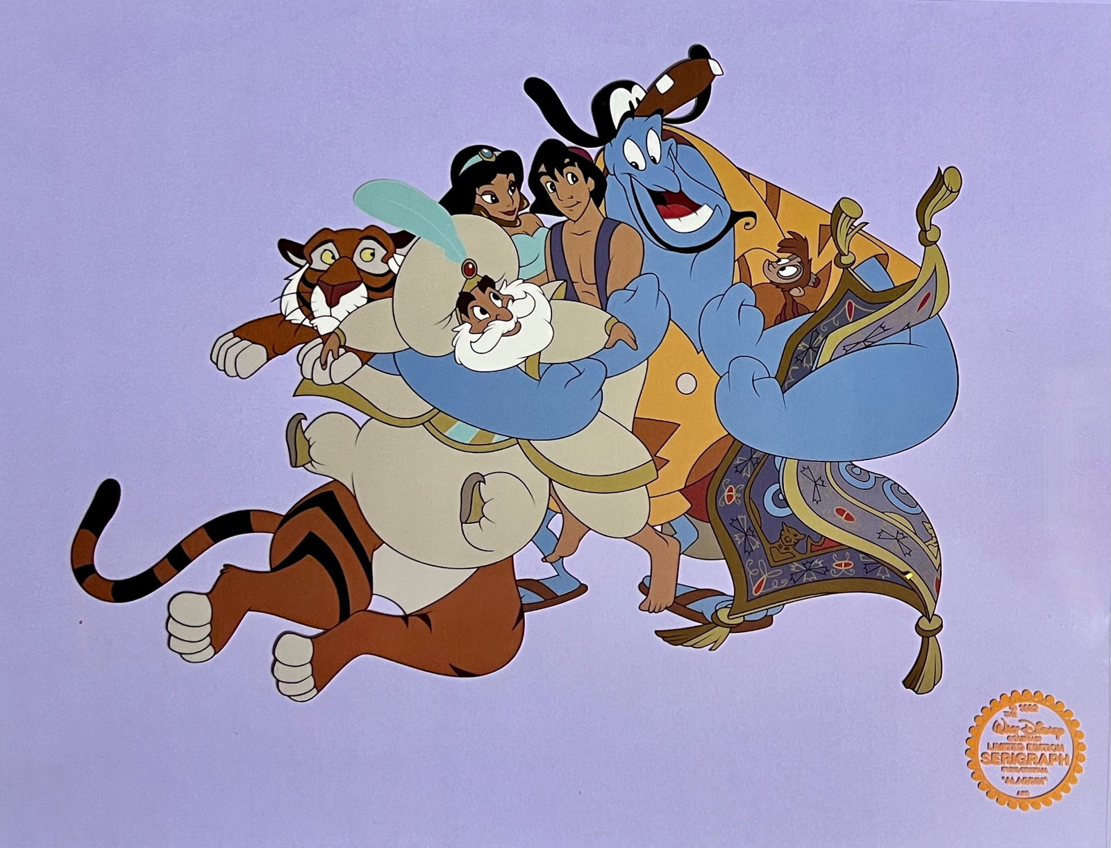 Disney ALADDIN JASMINE GENIE Limited Edition Sericel Animation Art Serigraph Cel: This is a limited edition serigraph cel of Aladdin. Characters pictured include Aladdin, Jasmine, The Sultan, Genie, Abu, Magic Carpet, and Rajah. From 1992 Walt Disney Studios ? Aladdin. Disneys own 