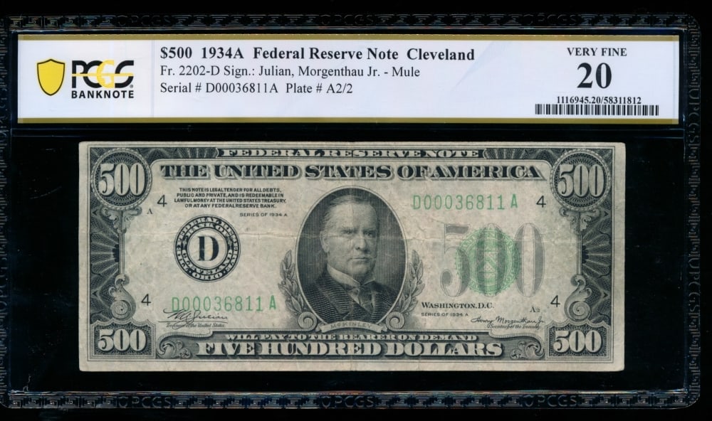 1934A $500 Cleveland FRN PCGS 20: One 1934A $500 Cleveland FRN PCGS 20.