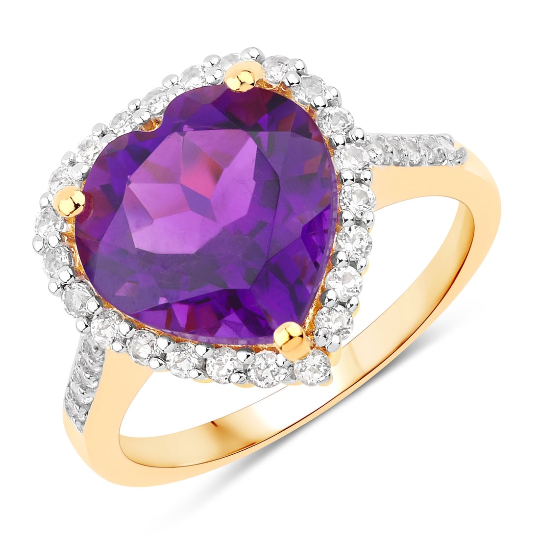 Plated 18KT Yellow Gold 4.86ctw Amethyst and White Topaz Ring: A natural 11?mm heart?shaped amethyst (4.25?ctw) forms the center of this 18K yellow gold?plated .925 sterling silver ring, surrounded by a full halo of natural white topaz in two sizes?twenty?three 1