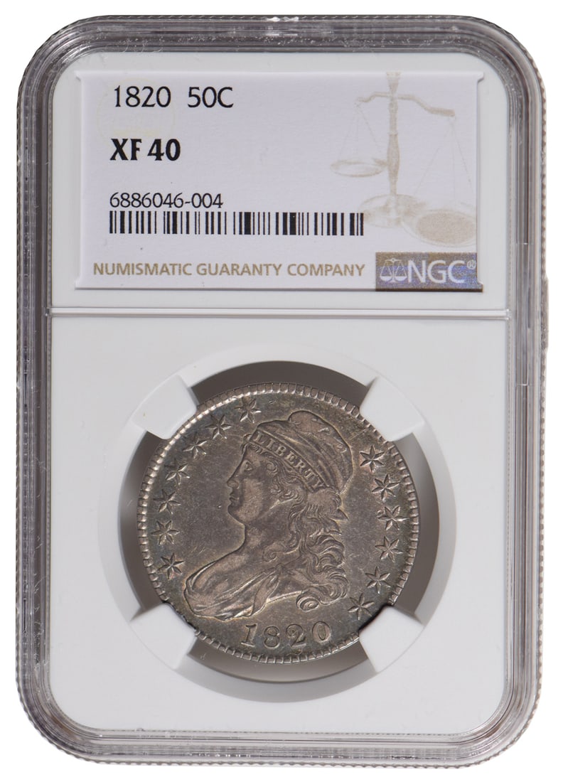 1820 Capped Bust Half Dollar NGC XF40: One 1820 Capped Bust Half Dollar NGC XF40.